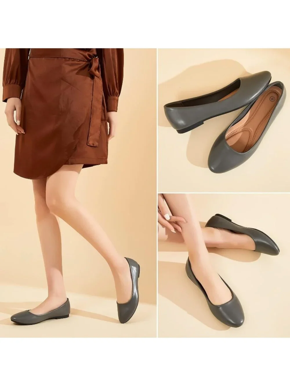 Women's Dark Grey PU Leather Closed Toe Comfortable Flexible Slip On Ballet Flat
